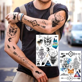 Kurt Üçgen Tilki Geçici Dövmeler Çocuklar Erkekler İçin Sahte Elk Çiçek Dövme Vücut Kol Eller Dağ Dövme Tüy Geometrik Dalga
