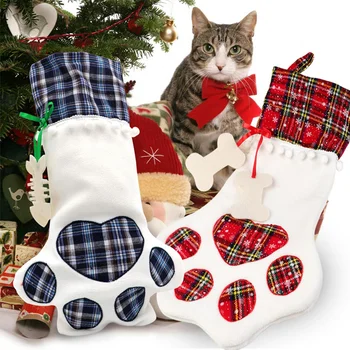 Köpek noel hediyesi Çorap Ekose Asılı Pet Köpek Noel Çorap Büyük Pençe ve Kemik şekli Noel Süslemeleri için Çanta