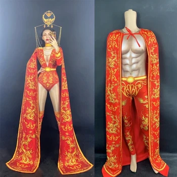 Kırmızı Gece Kulübü Kadın Şarkıcı Sahne Performansı Kostümleri Çin Tarzı Festivali Giyim Kadın Caz Kutup Gogo Dans Tulum