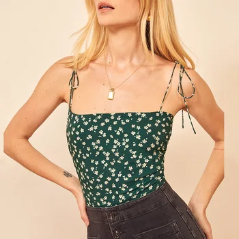 Kırpma Üstleri Kadın 2020 Vintage Çiçekli Baskı Şifon Yaz Üst Femme Spagetti Kayışı Kravat Geri Önlüklü Kırpılmış Cami Bayan Giyim