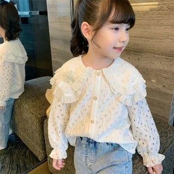 Kız Gömlek 2022 Yeni Bahar ve Sonbahar Uzun kollu Gömlek çocuk Beyaz Gömlek Küçük Kız Bebek Yaka Dantel Bluz