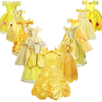 Kızlar Belle Prenses Elbise Çocuklar Belle Cosplay Kostümleri Bebek Kız Elbise Rop Sarı süslü elbise Yürümeye Başlayan Cadılar Bayramı Partisi İçin