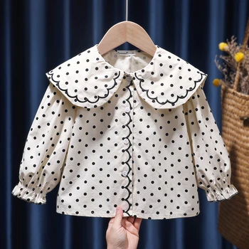 Kızlar Dip Gömlek İlkbahar Sonbahar Bebek Çocuk Giysileri Kore Tarzı Bebek Yaka Bluz Gevşek Uzun Kollu Pamuklu Retro Gömlek Üst