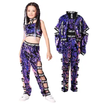 Kızlar Sequins Hip-Hop Caz Sahne dans kostümü Sokak Dans Kırpma Üstleri Pantolon Kıyafetler Çocuk Giyim Mor