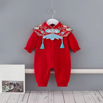 Kış Bebek Tulum Çin Tarzı Çocuk uzun kollu giyim Noel Bebek Erkek Tulum Kış Kadife Kırmızı 0-2Y