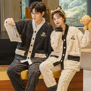 Kış Kalın Pijama Set Çift Seksi Hırka Düğmeleri Erkek Kadın Ev Tekstili Sıcak Mercan Polar Pijama Sevimli Karikatür Çift Pijamas
