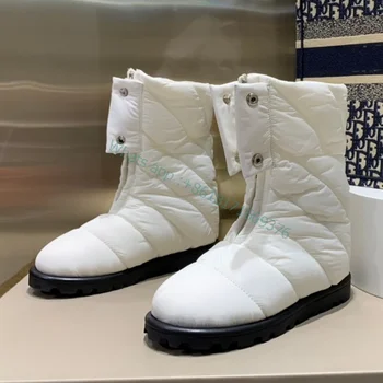 Kış sıcak Naylon Ön Zip Katlanabilir yarım çizmeler Kadın Kürklü Moda Daireler Kar Botları Beyaz Bayan Yuvarlak Ayak yumuşak ayakkabı 2022