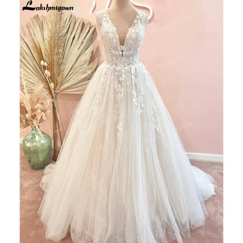 Lakshmigown Dantel Boho düğün elbisesi 2022 Vestidos de Boda Derin V Boyun Seksi gelin elbiseleri estido de noiva praiano