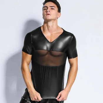 Lateks T shirt Erkekler seksi örgü PVC suni deri Yelek ıç Çamaşırı gece elbisesi Kostüm eşcinsel ıç çamaşırı siyah ıslak bak fetiş dans Üstleri Tee
