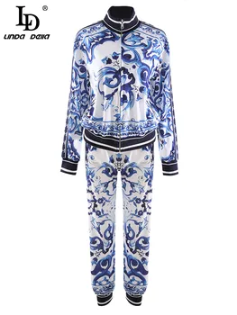 LD LINDA DELLA Tasarımcı Sonbahar moda elbise Kadın Mavi ve Beyaz Porselen Baskı Uzun kollu Ceket ve Pantolon Iki Parçalı Set