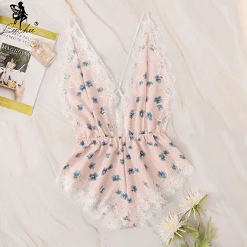 Leechee Yeni kadın Pijama Baskılı Çiçek Dantel Üç Noktalı Askı Dikiş Seksi Tek Parça Kolsuz Gecelik