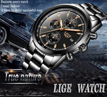 LIGE 9859 Erkek Saatler Moda İş Takvim Haftası spor saat Su Geçirmez Tam Çelik Kuvars erkek Kol Saatleri Reloj Hombre