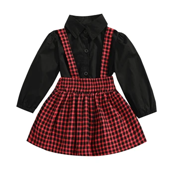 Lioraitiin 0-6Years Toddler Bebek Kız Rahat 2 Adet Giysi Set Siyah Düz Renk Bluz Ekose Baskılı Desen Askı Etek