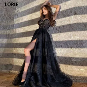 LORIE Siyah Glitter Tül A-line balo kıyafetleri Sevgiliye Parti Törenlerinde Seksi Yan Bölünmüş Suudi Arabistan Abiye giyim Robe De Soiree