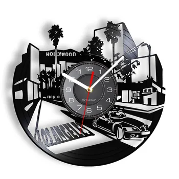 Los Angeles şehir duvar saati Los Angeles Mimarisi Skyline Duvar Sanatı Vinil kayıt saati ABD Seyahat Eve Taşınma Hediye