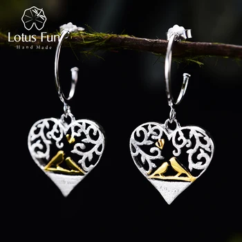 Lotus Eğlenceli Gerçek 925 Ayar Gümüş El Yapımı Güzel Takı Romantik Kuş Aşk Kalp Şekli Damla Küpe Kadınlar için