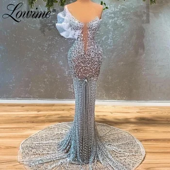 Lowime Sparkly Açık Mavi Mermaid Abiye Boncuk Kristaller Düğün Balo Abiye Lüks Parti Elbise Vestidos De Novia 2022