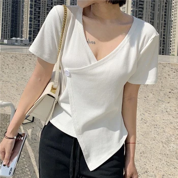 Lucyever Moda Düzensiz Beyaz T Shirt Üst Kadınlar Seksi Çapraz V Yaka Kısa Kollu T-Shirt Kadın 2022 Yaz İnce Örme Tees