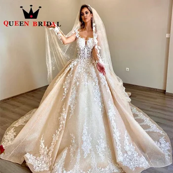 Lüks Balo Kabarık Düğün Elbise Uzun Kollu Pullu Tül Dantel Kristal Aplikler 2023 Muhteşem Dubai gelinlikler LK01