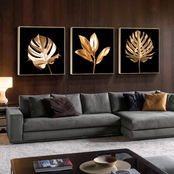 Lüks Ev Dekoratif Boyama Altın Yapraklar Tuval Posterler Bitki Duvar Sanatı Resimleri Modern Ev Oturma Odası Dekorasyon Yok Çerçeve