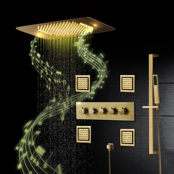 Lüks Fırçalanmış Altın termostatik LED Duş Sistemi Banyo Musluk Müzik yağmur biçimli duş Paneli Yüksek Basınçlı Şelale Duş Başlığı
