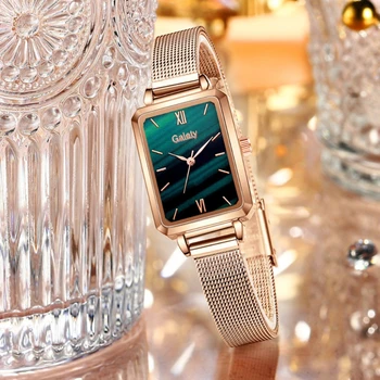 Lüks Kadın Kare Yeşil Kadran Bilezik Saatler Kadınlar için Moda Gül Paslanmaz Çelik Kuvars Saat Bayanlar kol saati Hediye