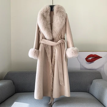 Lüks kadın peluş Kaşmir Karışımı gerçek kürk Ceket uzun işlemeli Püskül Doğal Tilki Kürk Yaka kışlık kürk palto Palto