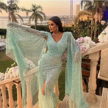 Lüks Payetli Mermaid Abiye Kadınlar için 2022 Yüksek Bölünmüş Pelerin V Boyun Arapça Dubai Kadın Örgün Balo Parti Törenlerinde