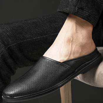 Lüks Tasarım yarım çizmeler Erkekler için Eğlence Nefes Hakiki Deri Erkek Ayakkabı yazlık terlik erkek mokasen ayakkabıları Slip-on Flip Flop
