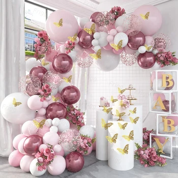 Macaron Pembe Balon Garland Kemer Kiti Düğün Doğum Günü Partisi Dekorasyon Çocuklar Globos Altın Konfeti Lateks Balon Bebek Duş Kız
