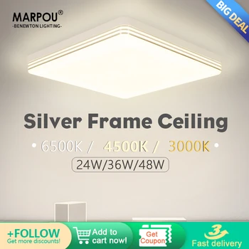 MARPOU LED Tavan Lambaları Kare Gümüş Çerçeve 48 W Doğal Beyaz Parlaklık Aydınlatma Tavan yatak odası lambaları Oturma Odası Dekorasyon