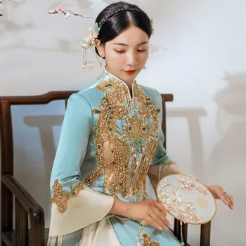 Mavi Çinli Kadın Cheongsam Qipao Zarif Nakış düğün elbisesi El Yapımı Boncuk Gelin Kostüm Oryantal Evlilik Seti