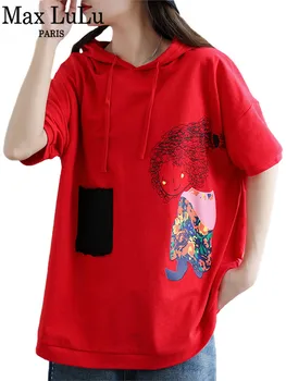Max LuLu Yaz Moda 2022 Üstleri Kız Kırmızı Kapşonlu Casual Tee Kadın Patchwork Kısa Kollu Gömlek Bayanlar baskılı giysiler Büyük Boy
