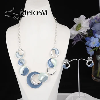 MeiceM Kolye Seti kadın Moda Yuvarlak Gerdanlık Zincir Bildirimi Kolye Gümüş Renk Küpe Takı Setleri Düğün Hediyeleri için