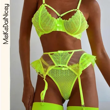 MeiKeDai Neon Sarı Iç Çamaşırı Şehvetli kadın Iç Çamaşırı 3 Adet Erotik Dantel Sutyen Seti Push Up S-XL Nakış Breves Setleri Jartiyer