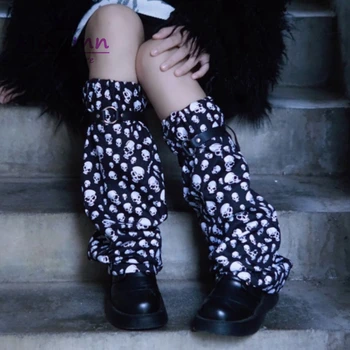Mikumn Harajuku gotik kafatası baskı bacak ısıtıcıları çorap Y2k Punk Rock ayarlamak toka moda bacak kapakları Streetwear