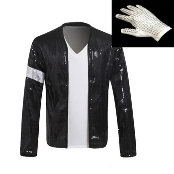 MJ Michael Jackson Billie Jean Ceket Siyah Pullu Kol Bandı Ceket Ve Eldiven Dış Giyim Yortusu Parti Kostüm Cosplay Prop 1BLJD0211