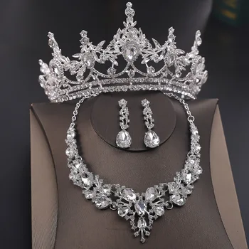 Moda Altın Gümüş Renk Kristal Rhinestone gelin tacı Taç Kadınlar Kraliçe Prenses Kolye Setleri moda takı seti Diadems