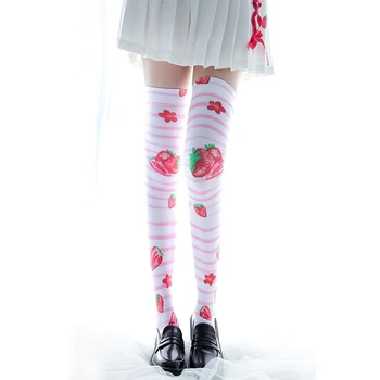 Moda Bayan Uzun Çorap Eğlenceli Çilek Baskılı Pembe Beyaz Diz Çorap Üzerinde Sevimli Tatlı Kız Lolita Harajuku Çorap