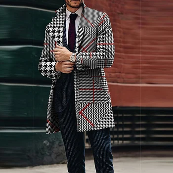 Moda Ekose Baskı Uzun Kollu Düğmeli Turn-aşağı Yaka Ceketler Tops Casual Erkek Düz Giyim 2022 Sonbahar Uzun Palto Erkekler