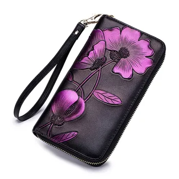 Moda kadın deri cüzdan çiçek telefonu çanta vintage çiçek çanta kızlar için hediyeler fermuar uzun rfıd cüzdan kadın kart tutucu