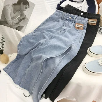 Moda Kadın Kot Etek 2021 Yaz Yeni Yüksek Bel Yan Yarık Jean Orta Buzağı Etekler Kadın Düz Renk Rahat A-Line Dipleri