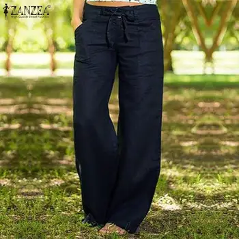 Moda Kadın Pantolon Rahat Sonbahar Katı Uzun Geniş Bacak Pantolon Vintage Pamuk Keten Pantolon Kadın Fermuar Pantalon düz pantolon