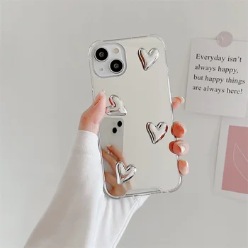 Moda Kore Tarzı Sevimli Kalp Yumuşak Silikon Şeffaf Telefon Kılıfı için iPhone 13 Pro Max 14 11 12 XS XR Gümüş Ayna Koruyun kapak