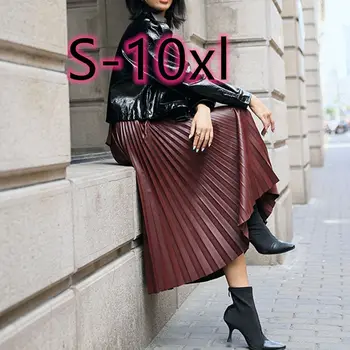 moda S-10 XL Bahar sonbahar moda yüksek kaliteli PU pilili etekler uzun maxi deri etek kadın vintage siyah etek