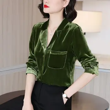 Moda Yaka Düğmesi Düz Renk Cepler Gömlek kadın giyim 2022 Sonbahar Yeni Gevşek Casual Tops Tüm Maç Ofis Bayan Bluz