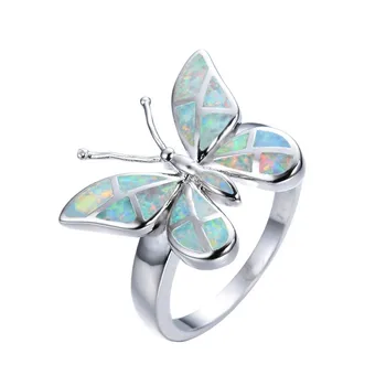 Moda Yangın Taklit Beyaz / Mavi Opal Yüzük yıldönümü hediyesi Nişan Düğün Band Takı Boyutu 6-10