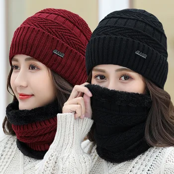Moda Yeni Sıcak Örme Şapka Eşarp Seti Kadınlar İçin Kalın Polar Astarlı Kasketleri Kapaklar Düz Renk Boyun İsıtıcı Takkeleri