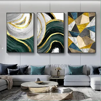 Modern Soyut Altın ve Yeşil Mermer Geometrik Tuval Poster ve Baskı Duvar dekoratif tablolar Oturma Odası Ev Dekor için Resim