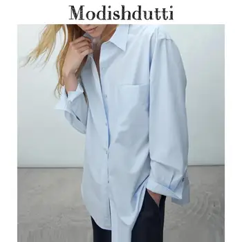 Modishdutti 2022 İlkbahar Sonbahar Kadın Moda Bira Bardağı şerit Bluz Kadın Basit Rahat Cep Yaka Gevşek Gömlek Tops
